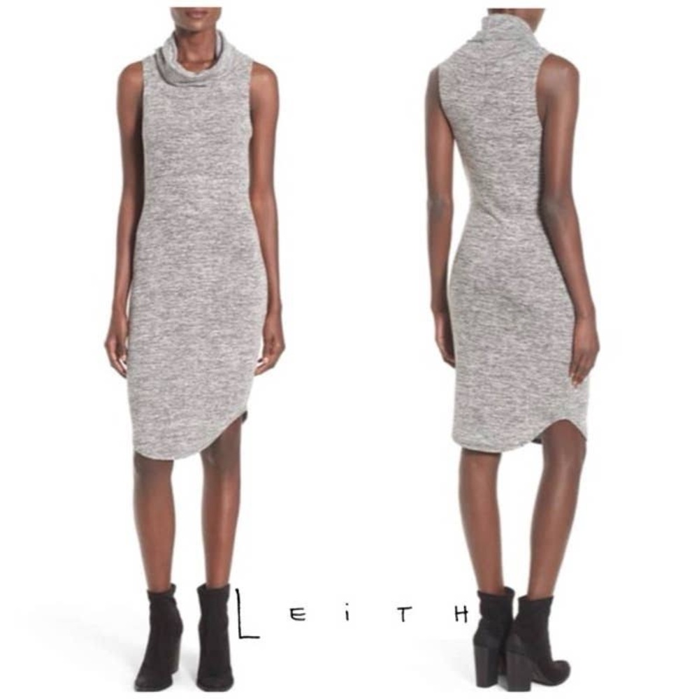 Leith Grey Heather Cowl Neck Sleeveless Stretch Midi Bodycon Dress Size Medium